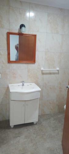 a bathroom with a white sink and a mirror at Sol y mar in Balneario Claromecó