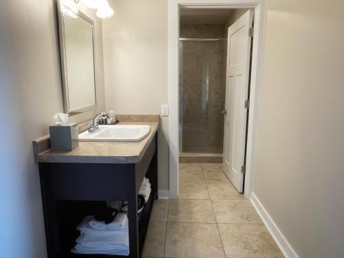 a bathroom with a sink and a mirror and a shower at The Water Street Inn in Ephraim