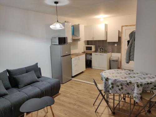 un salon avec un canapé et une table et une cuisine dans l'établissement Charmant appartement à 25 minutes de Paris., à Argenteuil