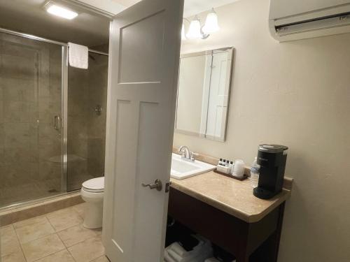 a bathroom with a sink and a toilet and a shower at The Water Street Inn in Ephraim