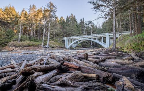 a bridge over a river with logs in the foreground at Arbor House South in Yachats
