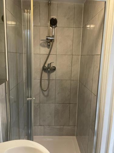 una doccia con porta in vetro accanto a servizi igienici di Luxury 2 bedrooms flat Leytonstone a Londra