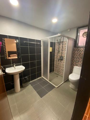 GN Homestay Miri في ميري: حمام مع دش ومرحاض ومغسلة