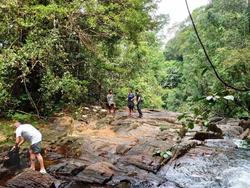 a group of people walking on rocks in a forest at Rainforest cabin in Deniyaya