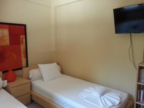 a room with two beds and a tv on the wall at Villa Anna Maria in Kriopigi
