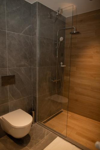 a bathroom with a toilet and a glass shower at Belgrade Simfonia - One bedroom apartment in Belgrade