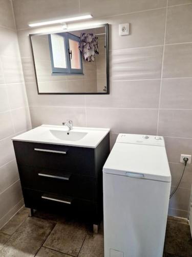 Baño pequeño con lavabo y espejo en La Colline d'Estaing, Maison 4 pers avec terrasse en Estaing