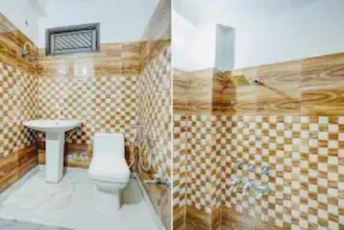 Duas fotografias de uma casa de banho com WC e lavatório. em Hotel Sunshine Cave , Ghaziabad em Ghaziabad