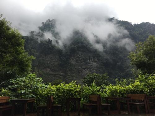 a mountain shrouded in clouds with trees and benches at Raisinay in Nanzhuang