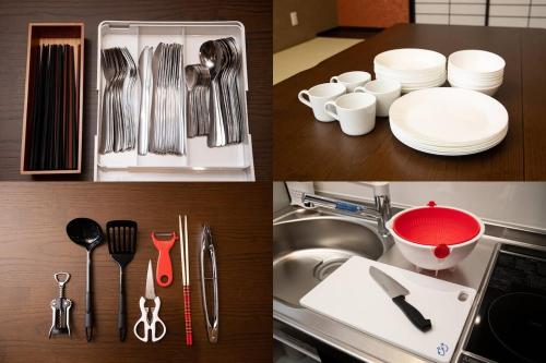 un collage de fotos de utensilios de cocina en BEPPU NO YU TSUKI - Vacation STAY 87965 en Beppu