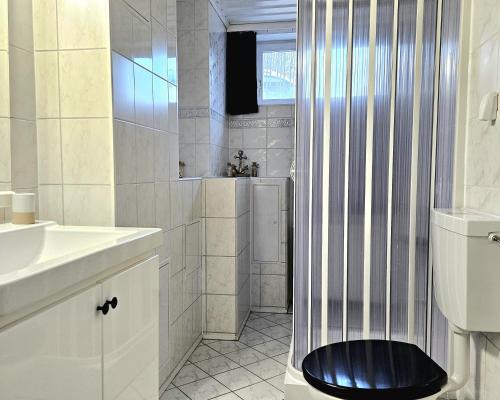 a white bathroom with a shower and a black seat at Ferienwohnung in der Siedlung in Klinga