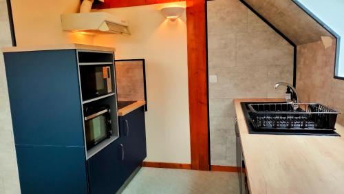 uma cozinha com um lavatório e um balcão em Gite 3 étoiles dans une grange rénovée - Cantal Emotions Valette - Auvergne em Valette