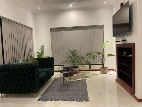 a living room with a green couch and a tv at Immaculate Morden Scenic Villa in Ezulwini
