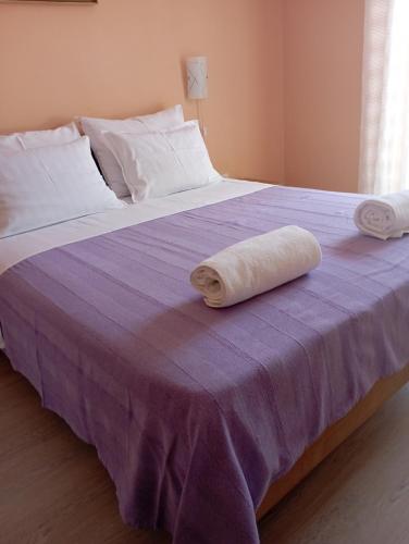 a bed with a purple blanket and pillows on it at Apartments Grahovac in Umag