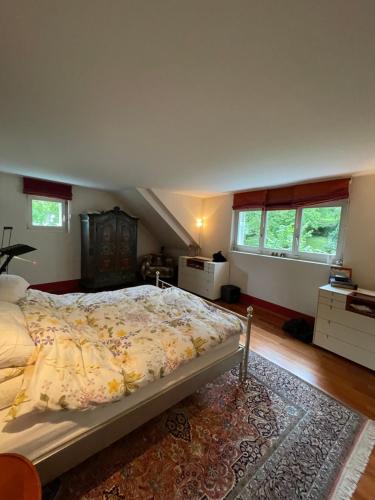 a bedroom with a large bed and a staircase at Spacious and stylish Apartment in Zurich in Zürich