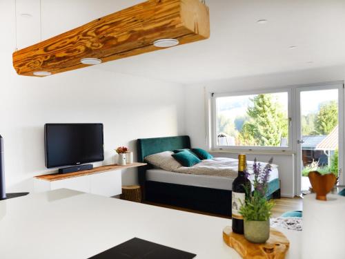 ein Wohnzimmer mit einem Sofa und einem TV in der Unterkunft NEU! Ferienwohnung Konz inkl Sauna in Oberreute