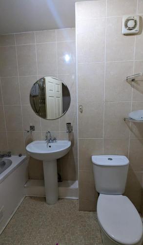La salle de bains est pourvue de toilettes, d'un lavabo et d'un miroir. dans l'établissement Private 1bedroom home, à North Tyneside