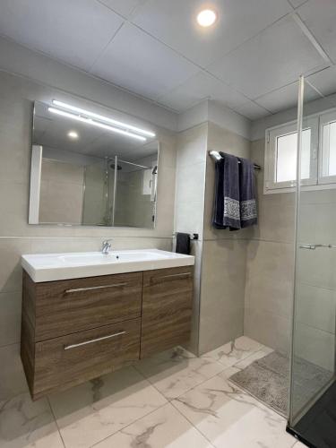 La salle de bains est pourvue d'un lavabo et d'une douche. dans l'établissement APTO Exelsior, Yumbo, Dunas y Playa, à San Bartolomé