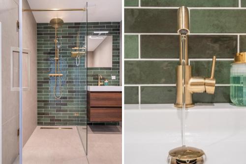 2 fotografías de un baño con ducha y lavabo en Luxury fully equipped studio - centrally located, en Huizen