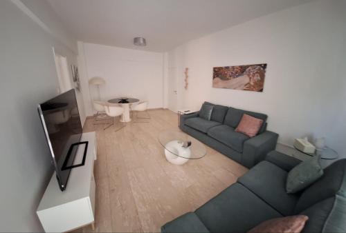 a living room with a couch and a tv at Cozy 2 Bdr Nicosia City Free Parking Wifi in Nicosia