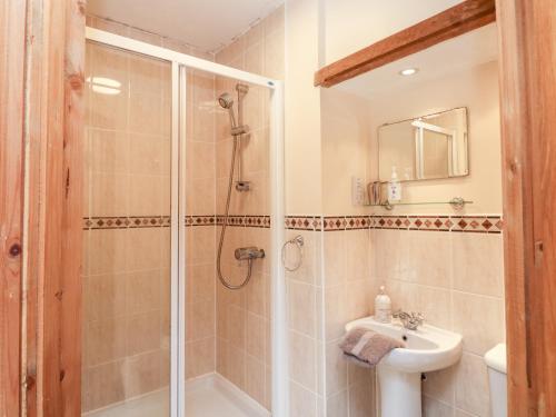 uma casa de banho com um chuveiro e um lavatório. em Twyford Farm Cottage em Tiverton