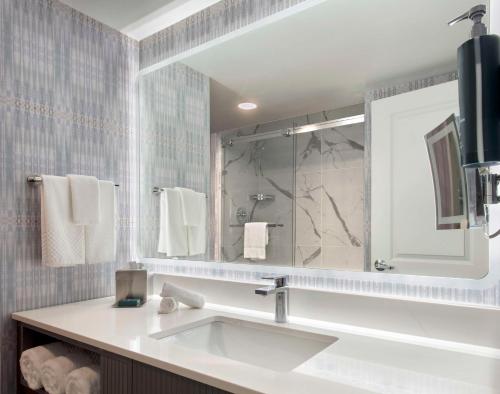 y baño con lavabo y espejo. en DoubleTree by Hilton Poughkeepsie, en Poughkeepsie