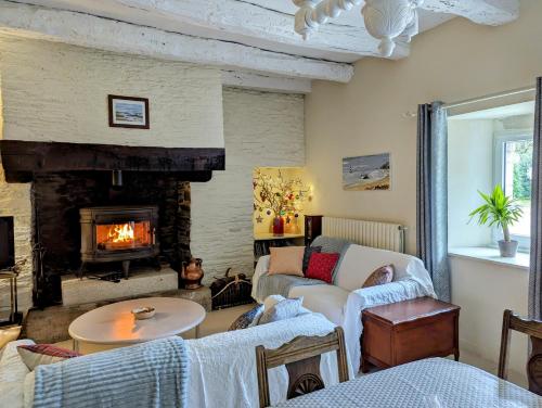 un salon avec une cheminée et un canapé dans l'établissement Breizh home A la Boissière, à Merléac