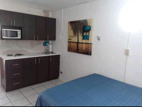 eine Küche mit einem Bett, einem Waschbecken und einer Mikrowelle in der Unterkunft Verdemar Apts in San Juan