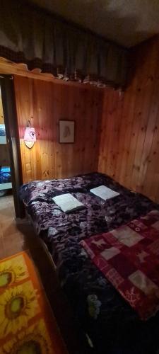 a bedroom with a bed in a wooden room at Casa Bizzo in Folgarida