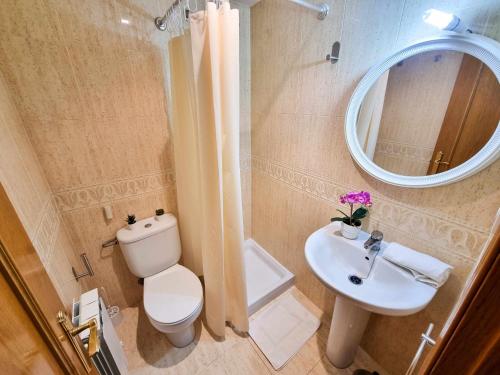 La salle de bains est pourvue de toilettes, d'un lavabo et d'un miroir. dans l'établissement El Alce del Pilar ComoTuCasa, à Huesca