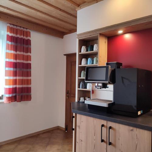 ein Wohnzimmer mit einem TV und einer Theke in der Unterkunft Ferienwohnung Lichtenauer Hof in Thyrnau