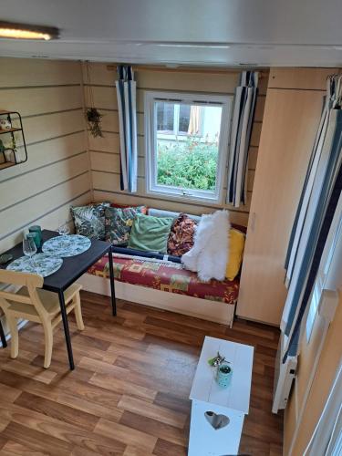 a tiny house with a couch and a window at Tiny house in Wittelte