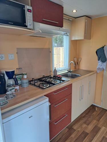 a small kitchen with a stove and a sink at Tiny house in Wittelte