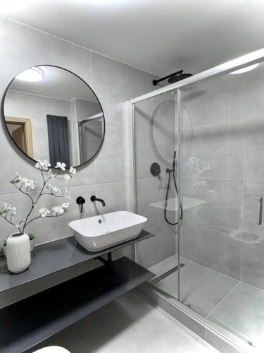 ein Bad mit einem Waschbecken und einer Dusche mit einem Spiegel in der Unterkunft NEW Modern Large Apartment in New Town 3BDR in Prag