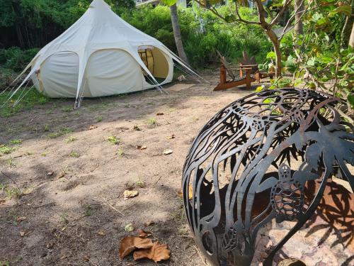 Wild Lotus Glamping - Mayreau, Tobago Cays في Mayreau Island: خيمة بيضاء تجلس على الارض بجانب شجرة