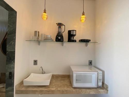 uma cozinha com um lavatório e um micro-ondas em VR Flats em Maragogi