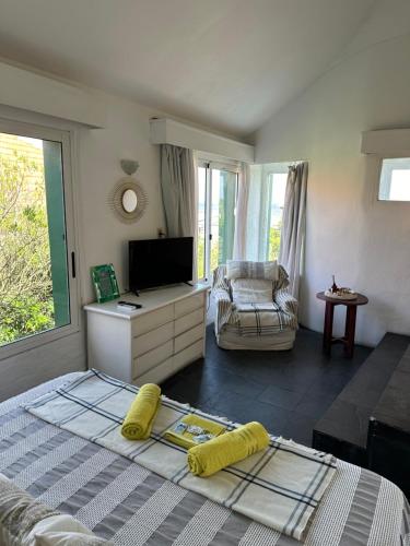 1 dormitorio con 1 cama, TV y silla en Hotel Butique Donatella Mare. en Punta del Este
