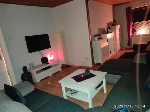 a living room with a couch and a tv at Nicki's Ferien Oase in Bornhöved