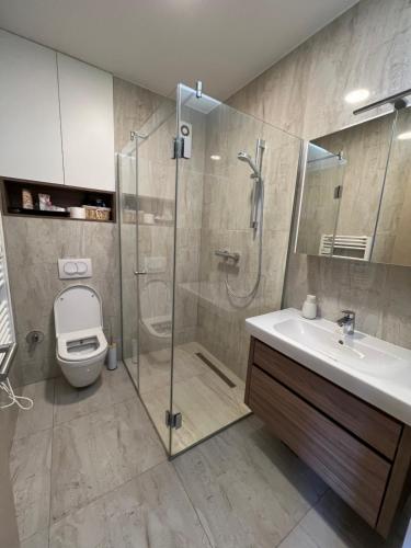 a bathroom with a shower and a toilet and a sink at The View - ski to door in Bjelašnica