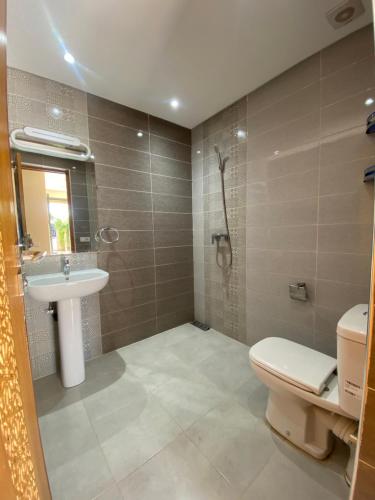 ein Bad mit einem WC, einem Waschbecken und einer Dusche in der Unterkunft Villa famille Bilal Agafay in Marrakesch
