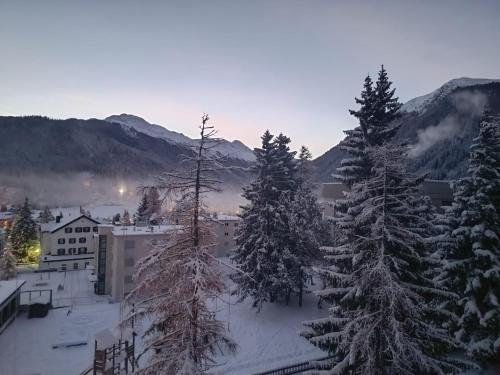 a city with snow covered trees and buildings and mountains at Ferienwohnung Parsenn Peaks Panorama in Davos