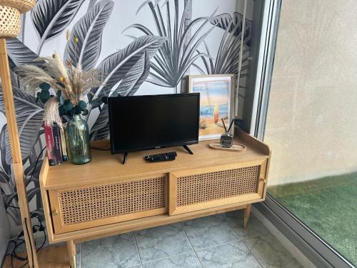 einen Fernseher, der auf einem Holzständer vor einem Fenster sitzt in der Unterkunft Splendide vue à 180 sur l’océan in Lacanau