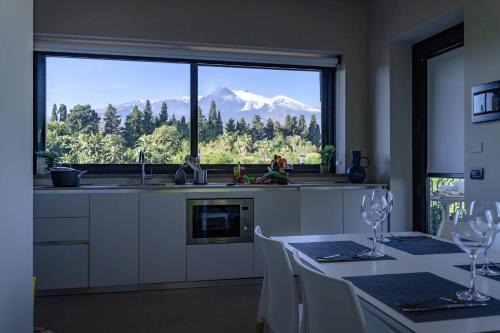 a kitchen with a view of a mountain through a window at Virdamuri - Etna Country Resort in Giarre