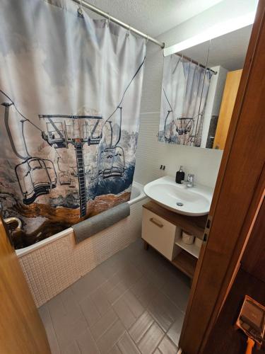 a bathroom with a shower curtain and a sink at Amazing studio in Haute-Nendaz in Nendaz
