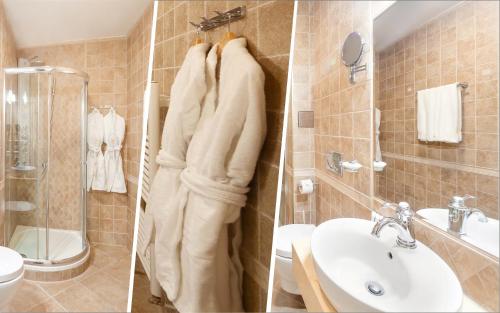 twee foto's van een badkamer met wastafel en toilet bij Hotel General Old Town Prague in Praag