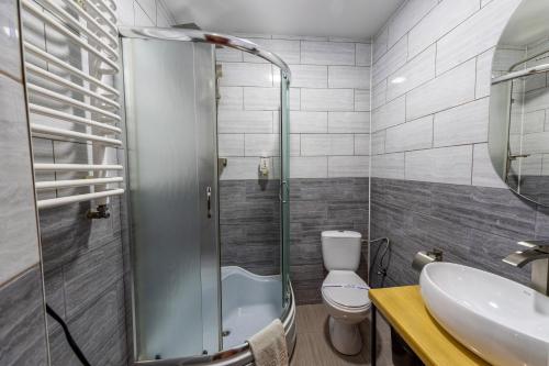 a bathroom with a shower and a toilet and a sink at Готель Поляницький in Bukovel