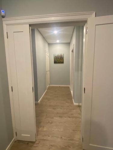 a hallway with white walls and a painting on the wall at Apartamentai Ornamentai in Druskininkai
