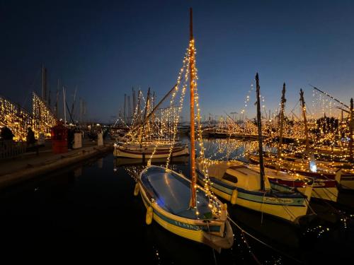 a group of boats docked in a harbor with christmas lights at Domaine de La Coudouliere, Vue Mer, Plage, Piscine et Parc in Six-Fours-les-Plages