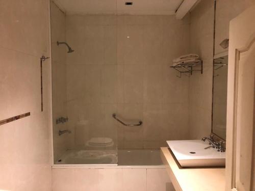 uma casa de banho com um chuveiro e um lavatório. em Del Pomar Hotel Boutique em Resistência
