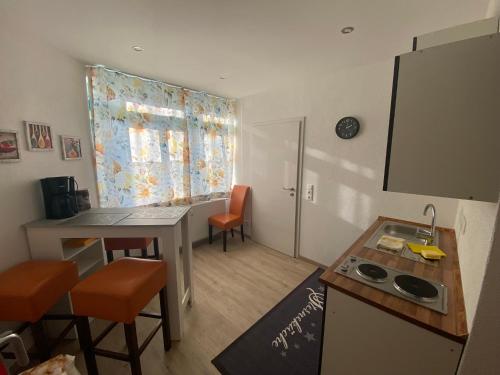 a small kitchen with a sink and a table with chairs at Ferienwohnungen Allgäu Zimmer in Memmingen